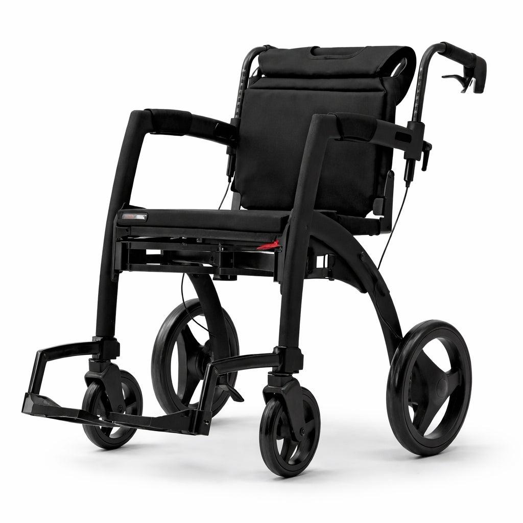 Rollz Motion kombinerad rullator och rullstol med svart ram och skumfyllda gummihjul