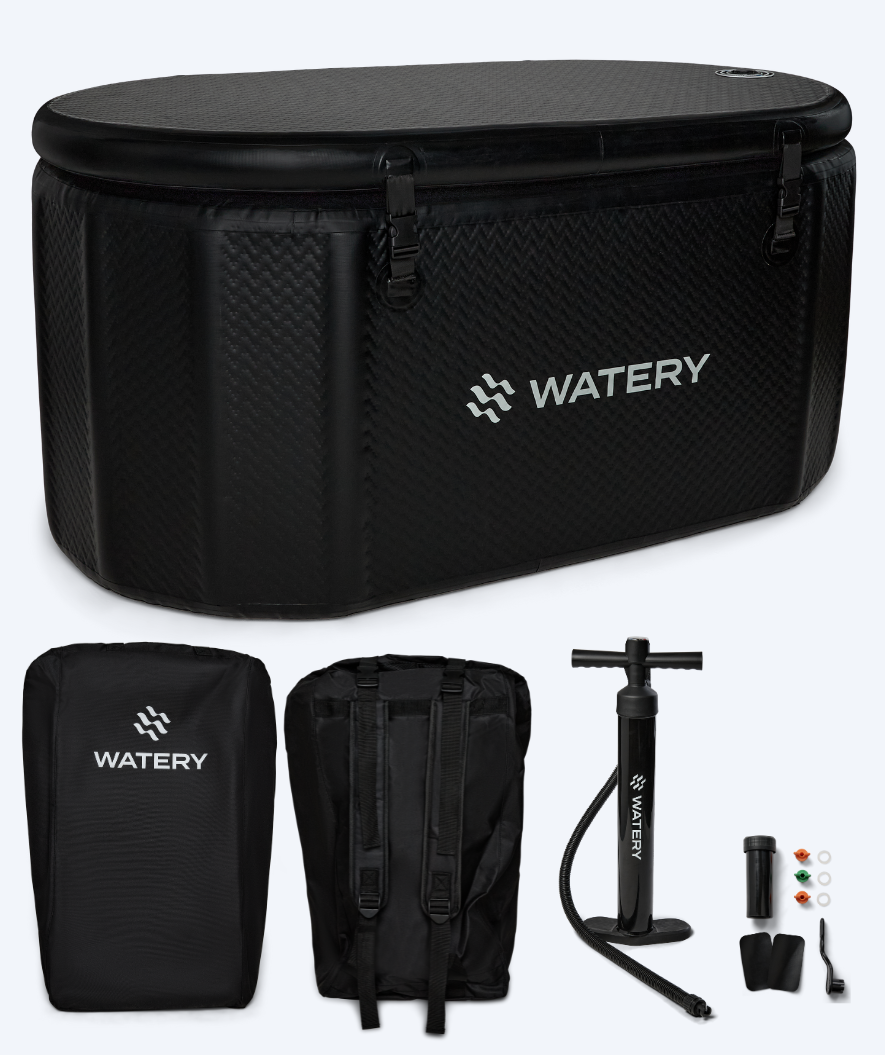 Watery Master – avlångt svart isbad med lock, pump och bärväska
