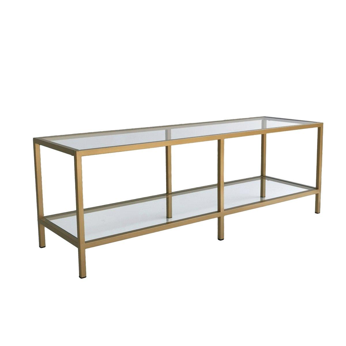 Vägghängd TV-bänk med glashylla och guldfärgad metallram från Nordvärk Basic