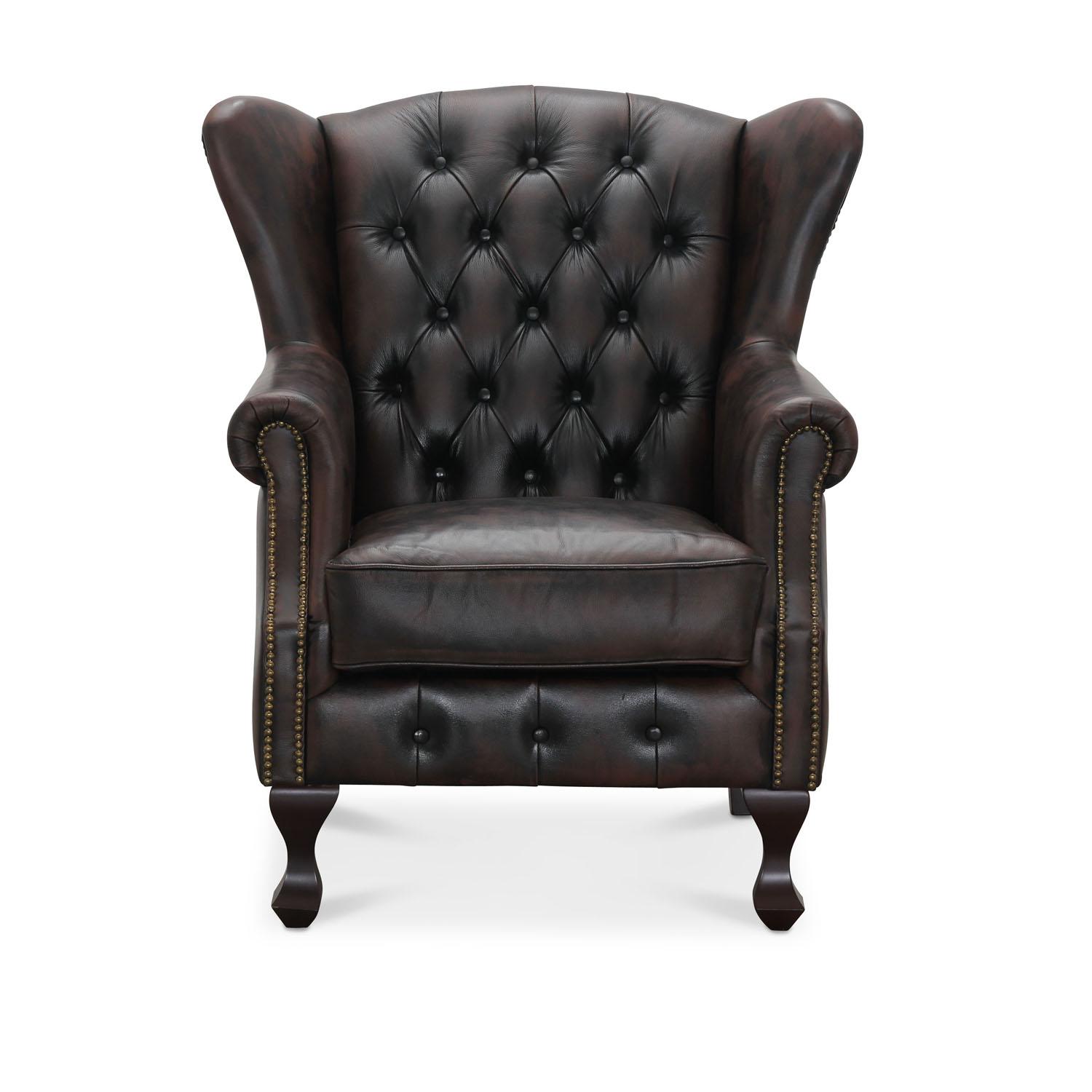 HAGA Aberdeen Chesterfield-fåtölj i brunt läder och trä