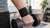 Handledsstöd i svart neopren med kardborreband på en hand som greppar en hantel
