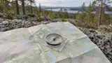 Orienteringskompass på en topografisk karta på en klippa i skogen