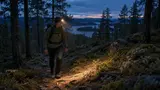 Vandrare med pannlampa som lyser upp stigen i en skandinavisk tallskog i skymningen