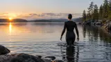 Simmare i svart våtdräkt som vadar ut i en stilla sjö i soluppgången