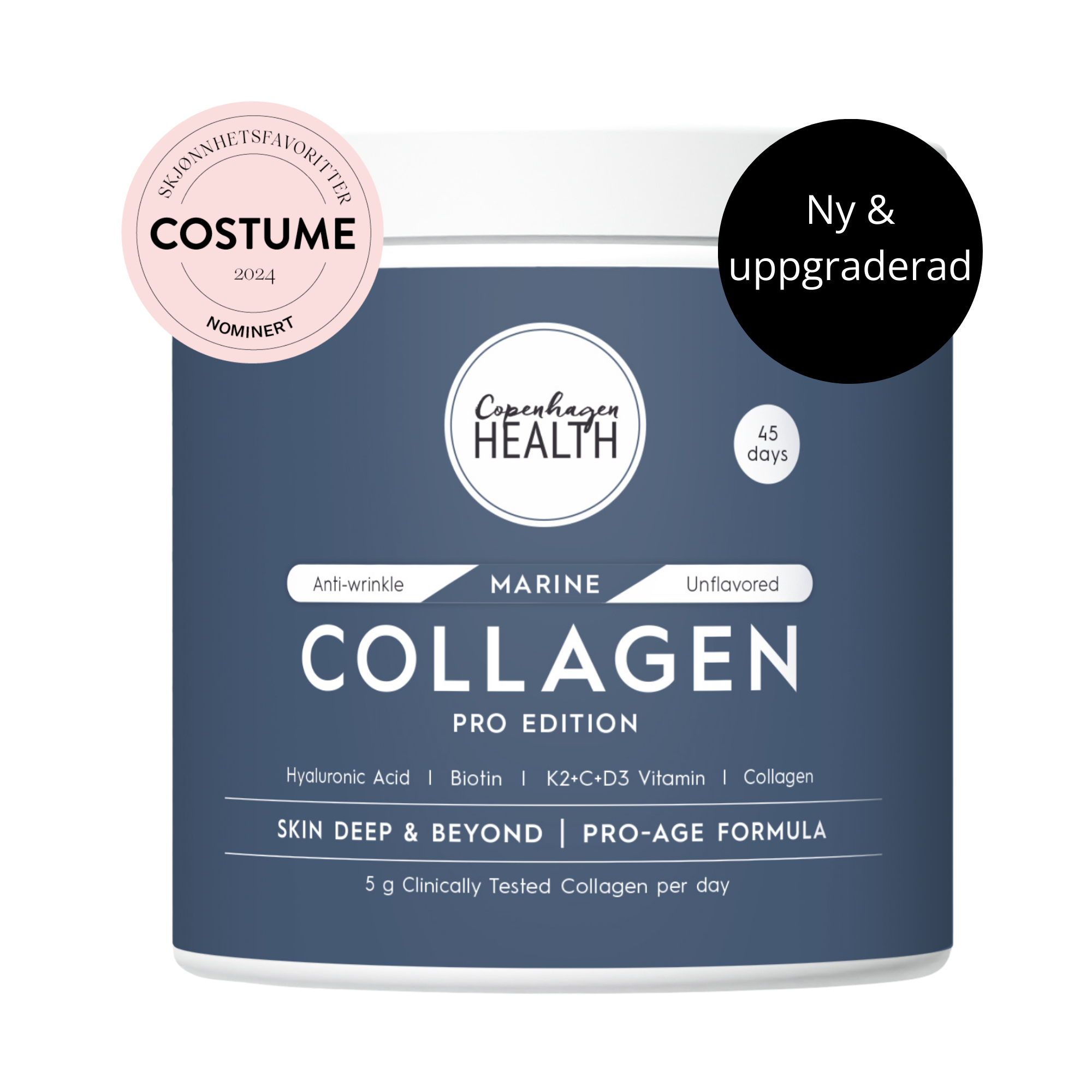 Förpackning med Copenhagen Health Marine Collagen Pro Edition kollagenpulver med hyaluronsyra