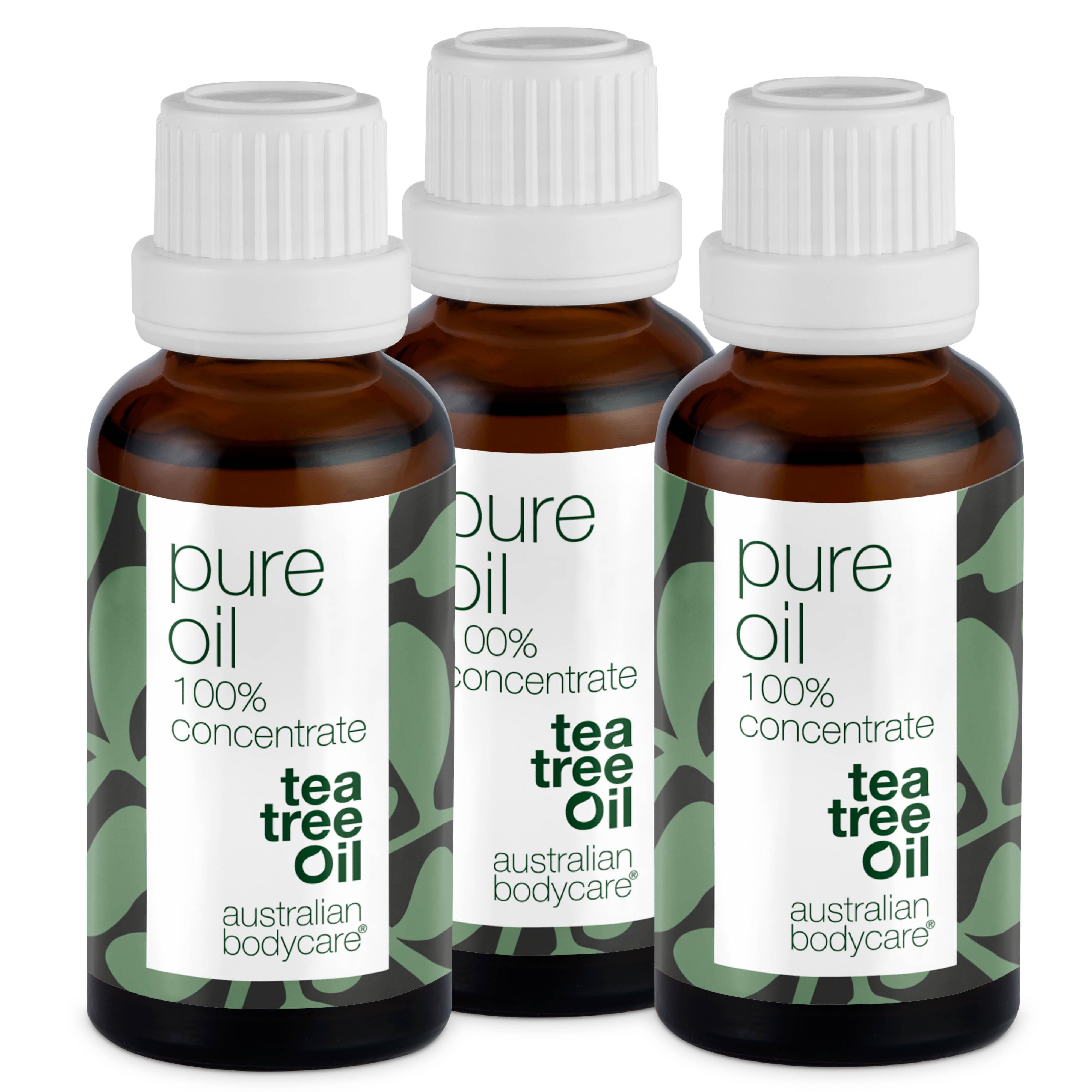 Tre XL-flaskor Australian Bodycare ren tea tree oil om 30 ml vardera