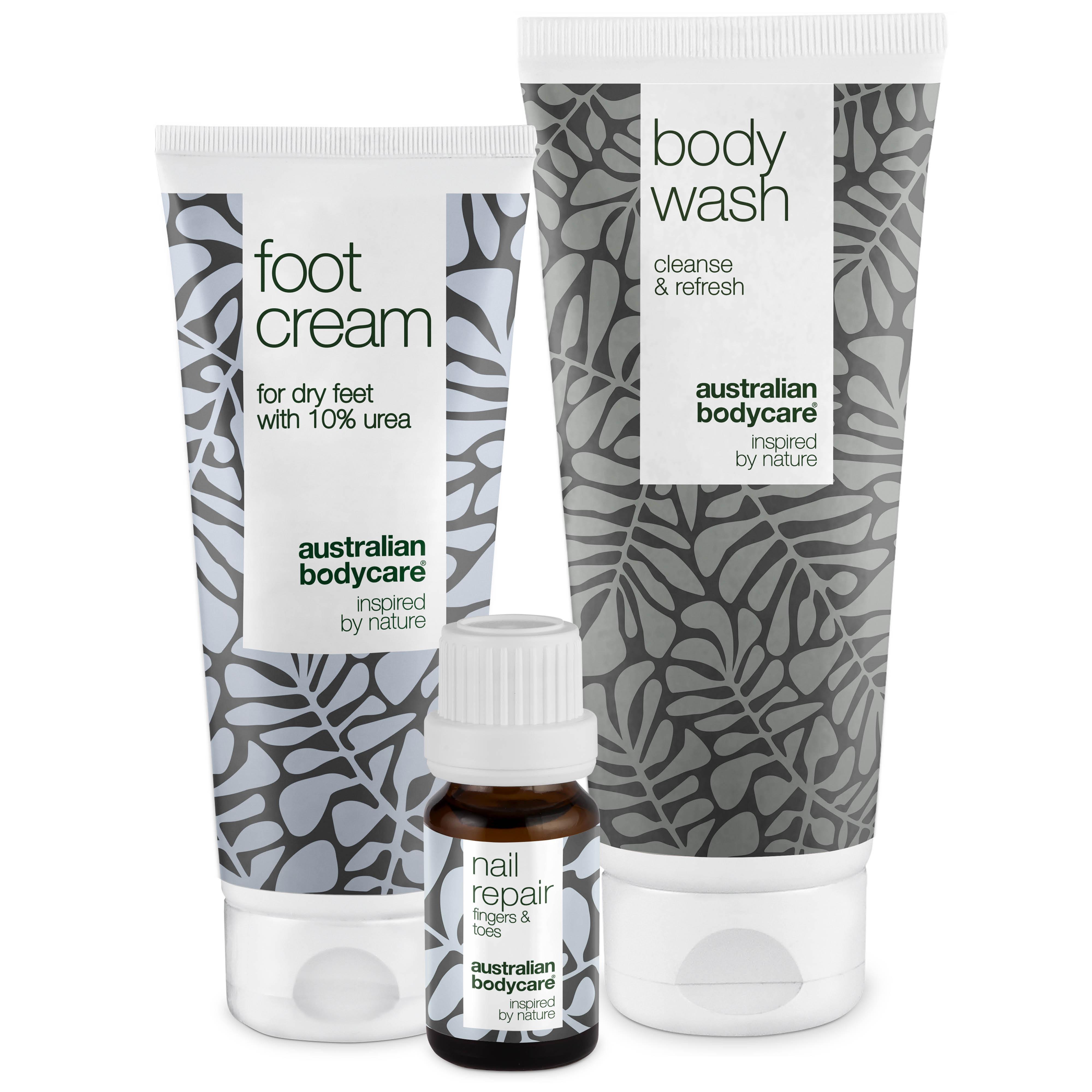 Australian Bodycare fotvårdspaket med tre produkter för torra fötter och naglar