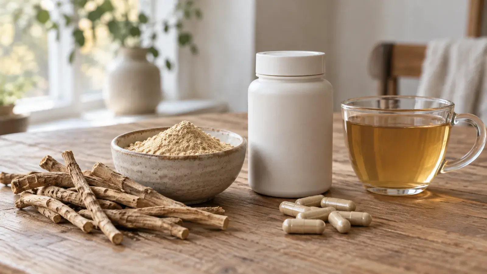 Torkad ashwagandharot, ashwagandhapulver och en burk kapslar på ett träbord
