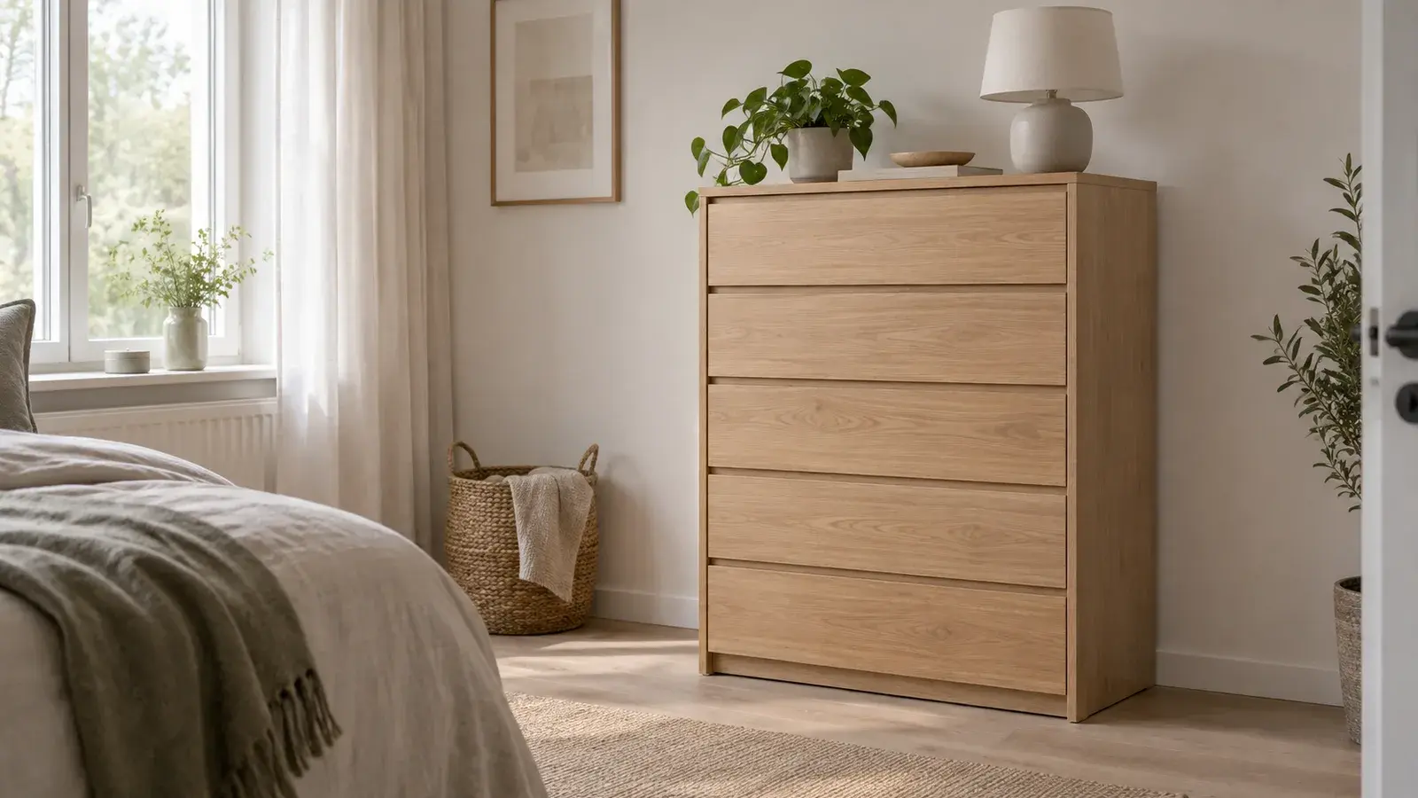 Byrå i ljus ek med fem lådor i ett ljust skandinaviskt sovrum