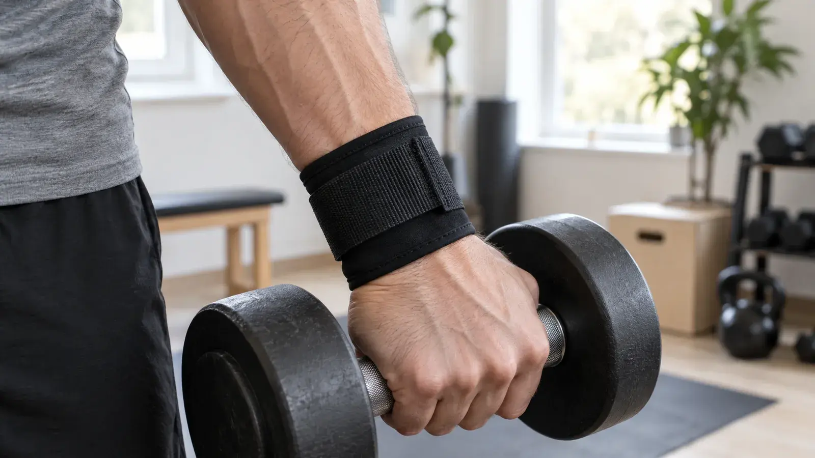 Handledsstöd i svart neopren med kardborreband på en hand som greppar en hantel