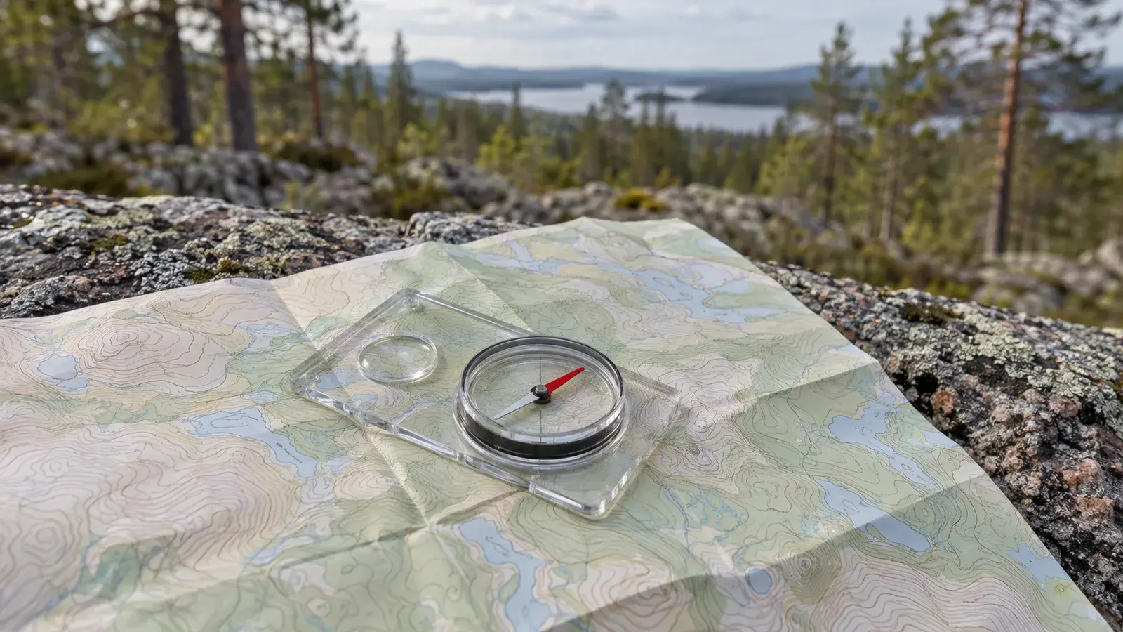 Orienteringskompass på en topografisk karta på en klippa i skogen