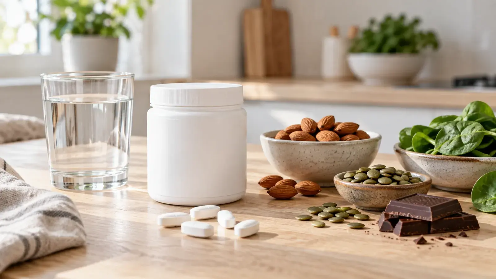 Magnesiumtabletter och ett glas vatten bredvid mandlar, mörk choklad och pumpafrön