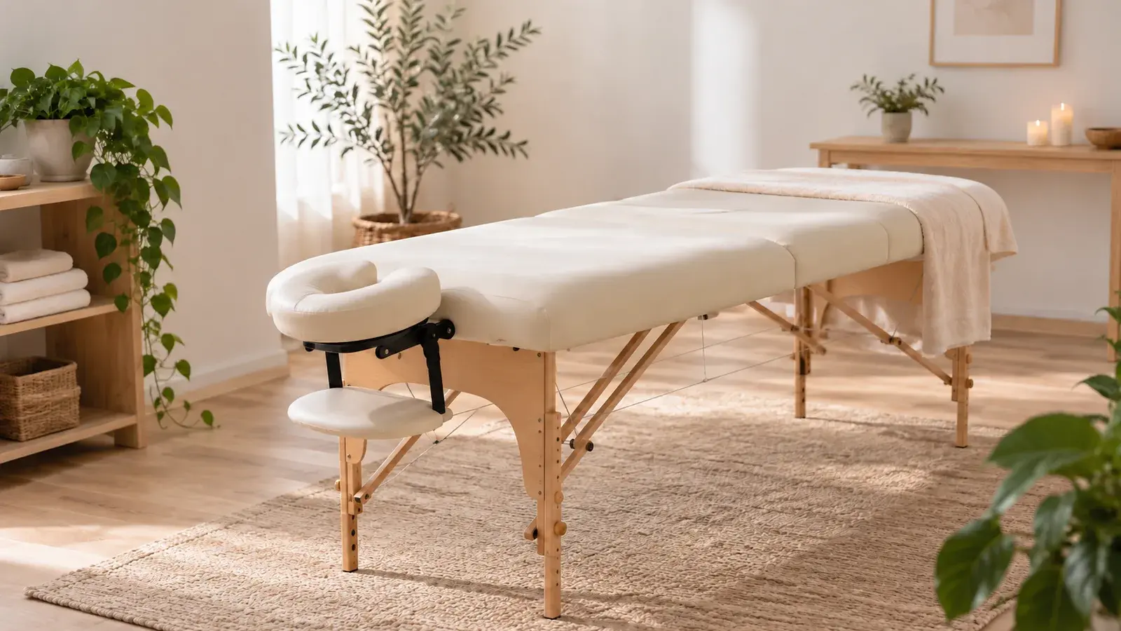 Portabel massagebänk med ansiktsstöd i ett ljust behandlingsrum