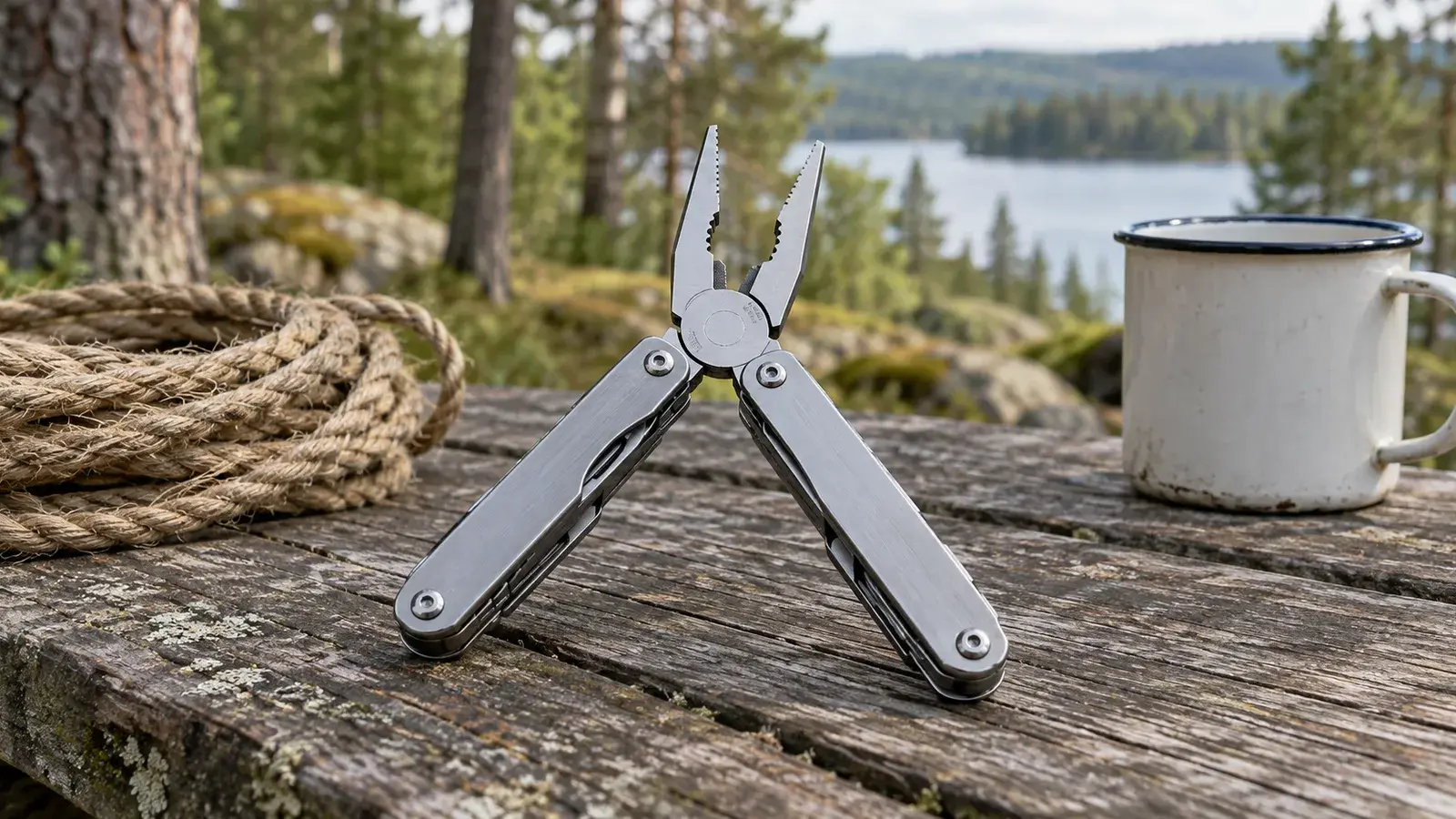 Utfällt multiverktyg i rostfritt stål på ett träbord bredvid ett rep och en emaljmugg