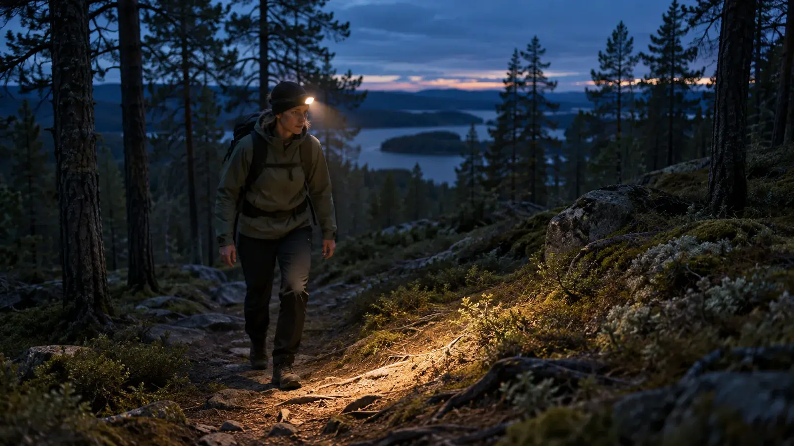 Vandrare med pannlampa som lyser upp stigen i en skandinavisk tallskog i skymningen