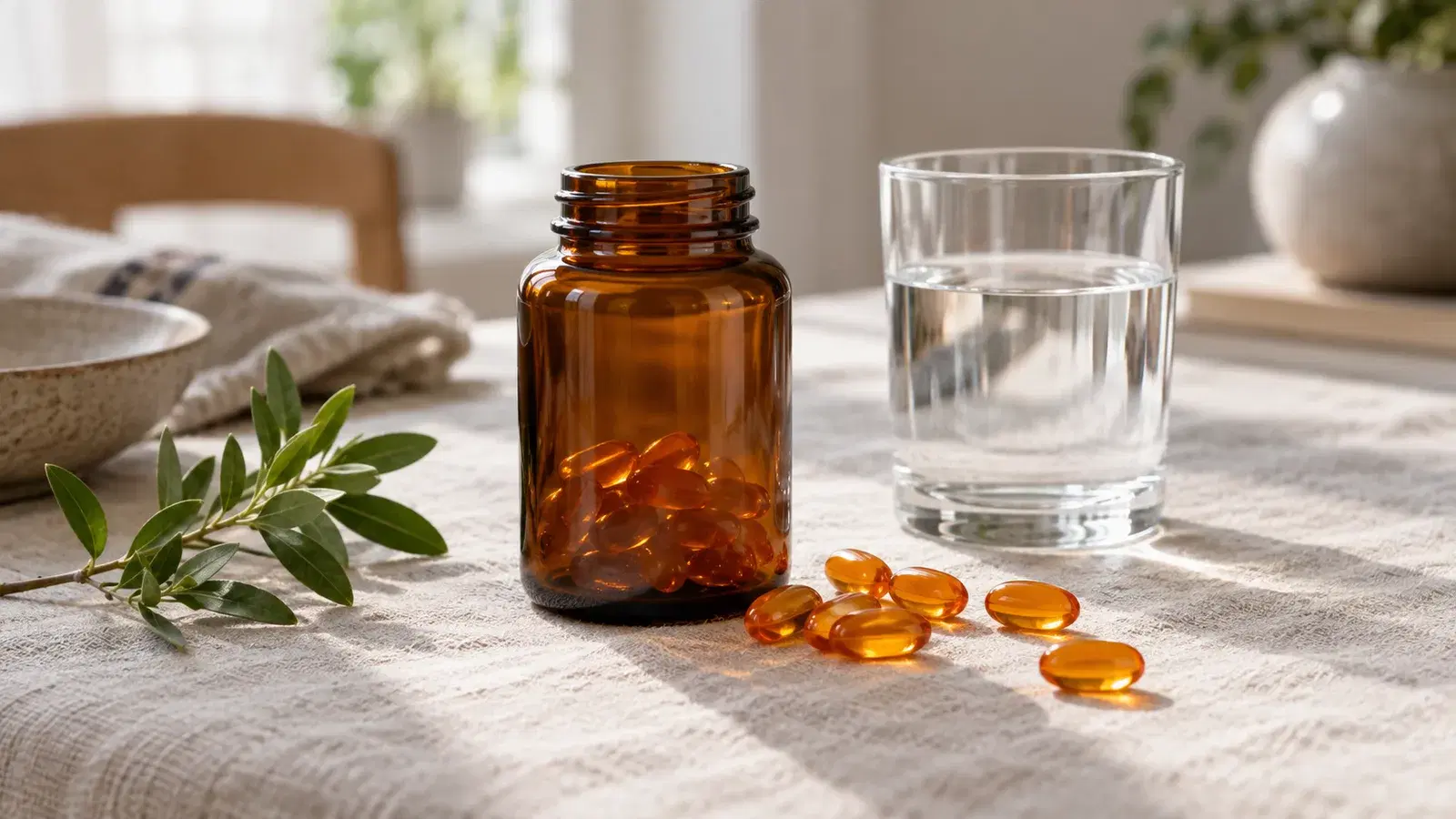 Q10-kapslar utspillda från en brun glasburk bredvid ett glas vatten