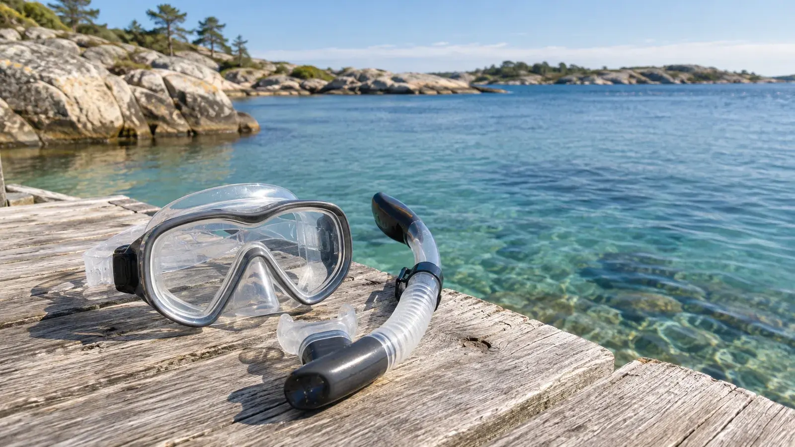 Snorkelmask med snorkel på en brygga ovanför klart vatten i skärgården